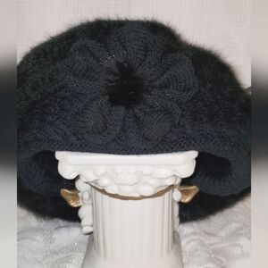 Elegant Black Angora Beret With Flower
